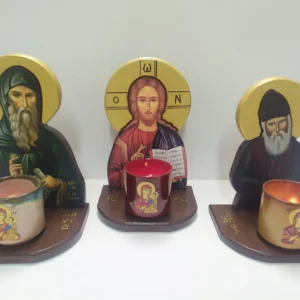 Χειροποίητα επιτραπέζια ξύλινα καντήλια με εικόνες Αγίων, ύψος 30 εκατοστά.