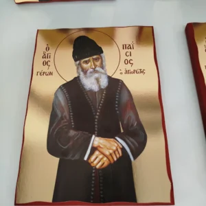 Βυζαντινές εικόνες χρυσοτυπίας σε ξύλο, διαθέσιμες σε διάφορα μεγέθη με λαμπερό χρυσό φόντο.