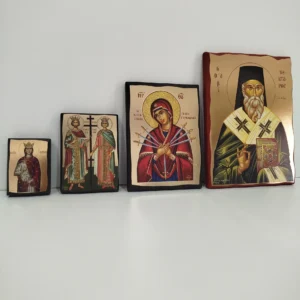 Βυζαντινές εικόνες χρυσοτυπίας σε ξύλο, διαθέσιμες σε διάφορα μεγέθη με λαμπερό χρυσό φόντο.